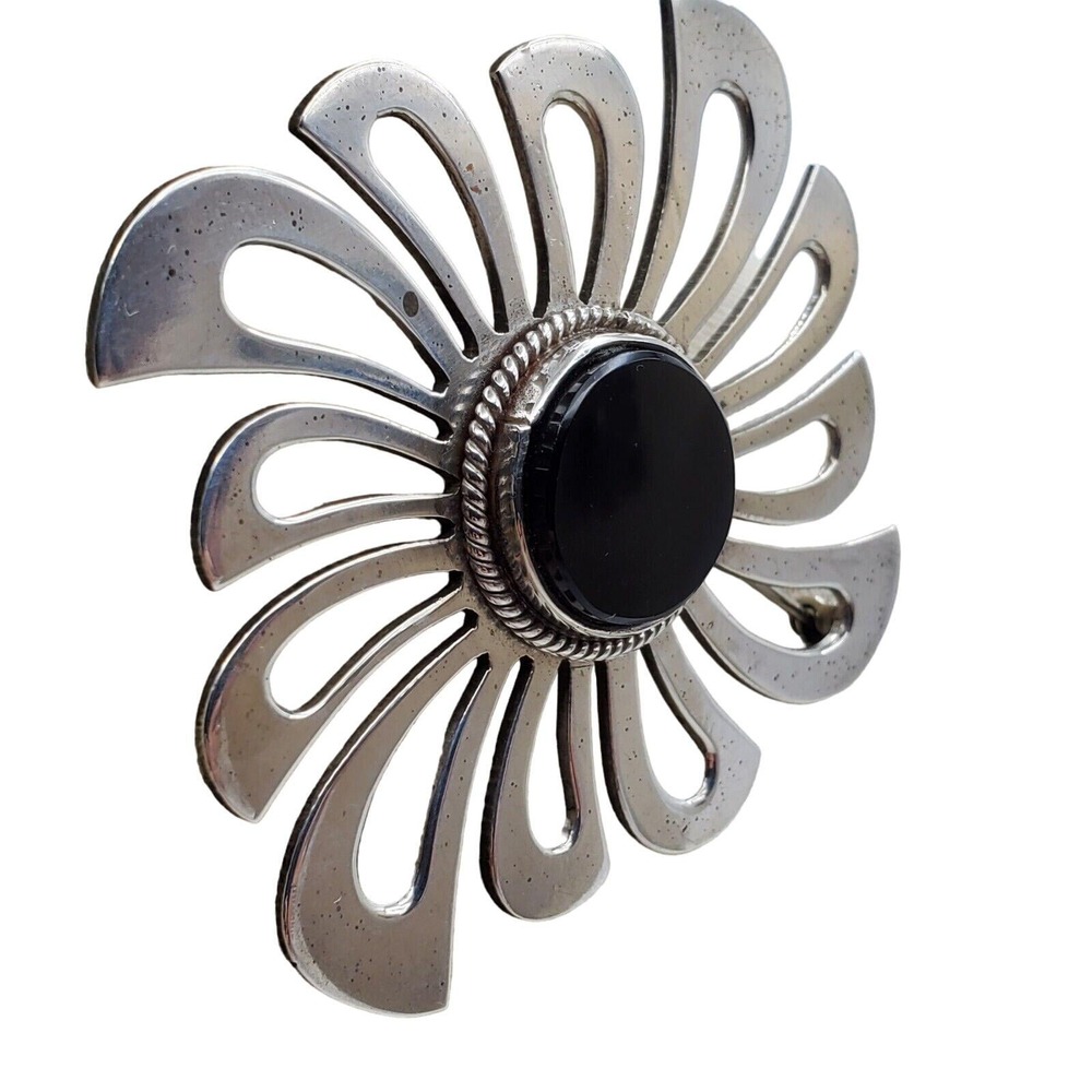 Taxco Sterling Silver Brooch Black Onyx Modernist Abstract 925 Pin Mexican 28g